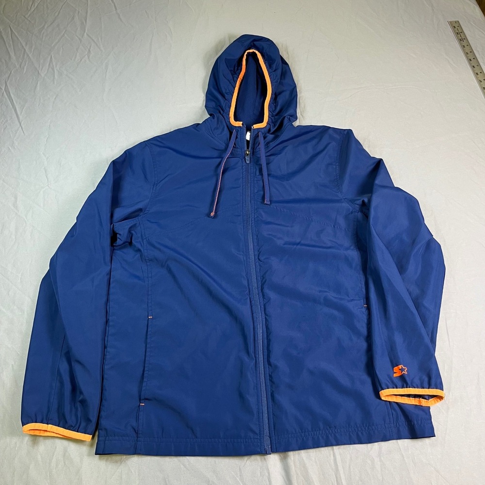 Starter Mens Blue Windbreaker Jacket Full Zip Hooded Mesh Lined Orange Trim L